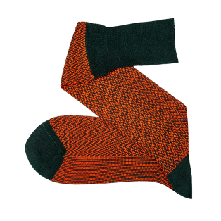 VICCEL / CELCHUK Knee Socks Herringbone Dark Green / Orange - Luksusowe podkolanówki dwukolorowe