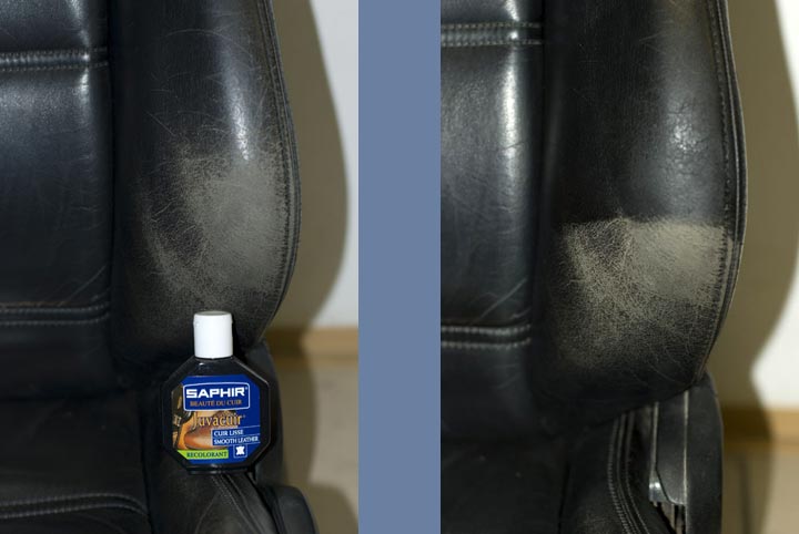 Renowacja skórzanej tapicerki samochodowej bmw. Odnowienie koloru czarnego koloru fotela samochodowego. Balsam koloryzujący.