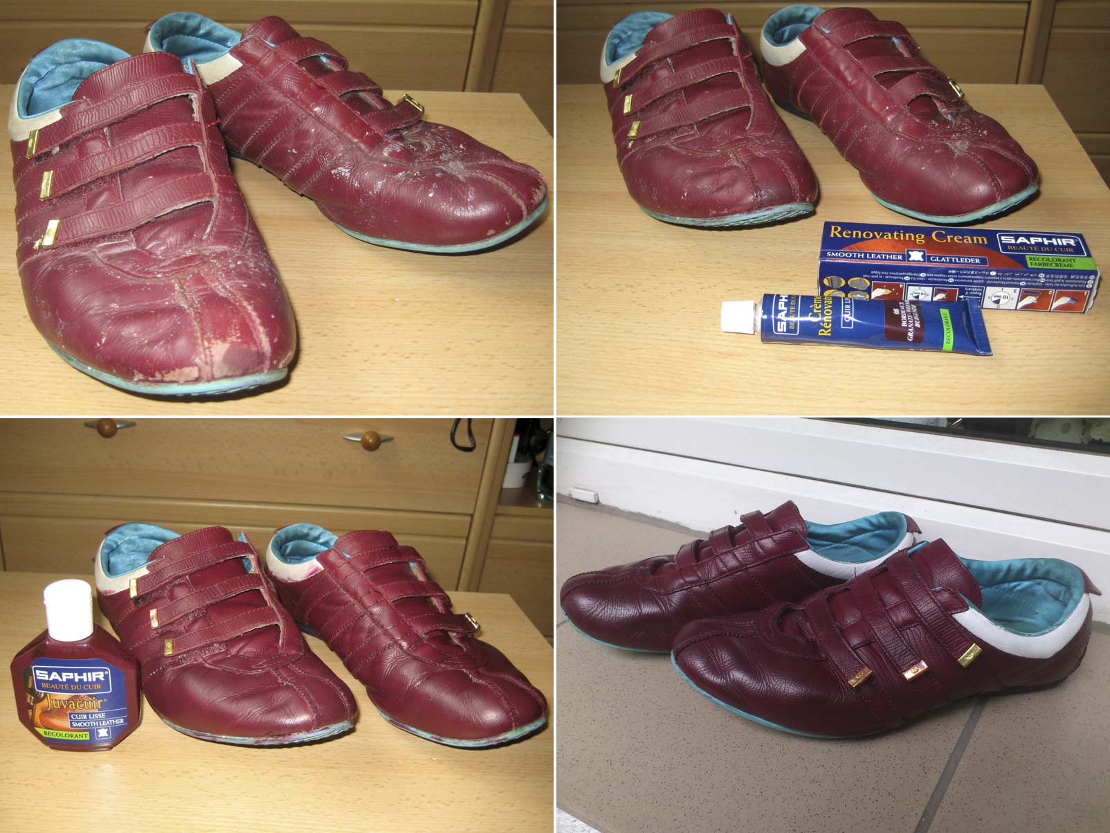 Renowacja butów adidasów skórzanych. Odnowienie koloru, przetarć, otarć, rys zadrapań skóry. Krem do renowacji obuwia.