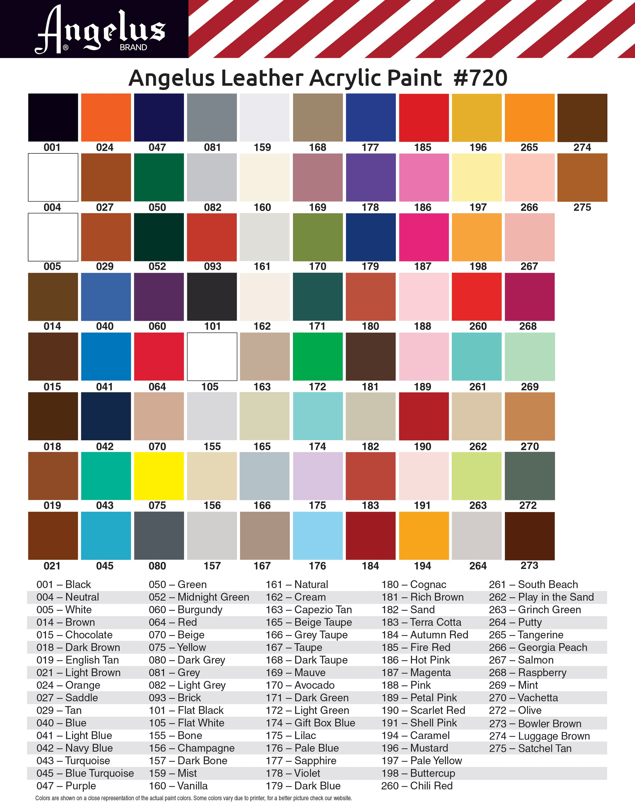 Karta kolorów Angelus Acrylic Leather Paint Standard Colors