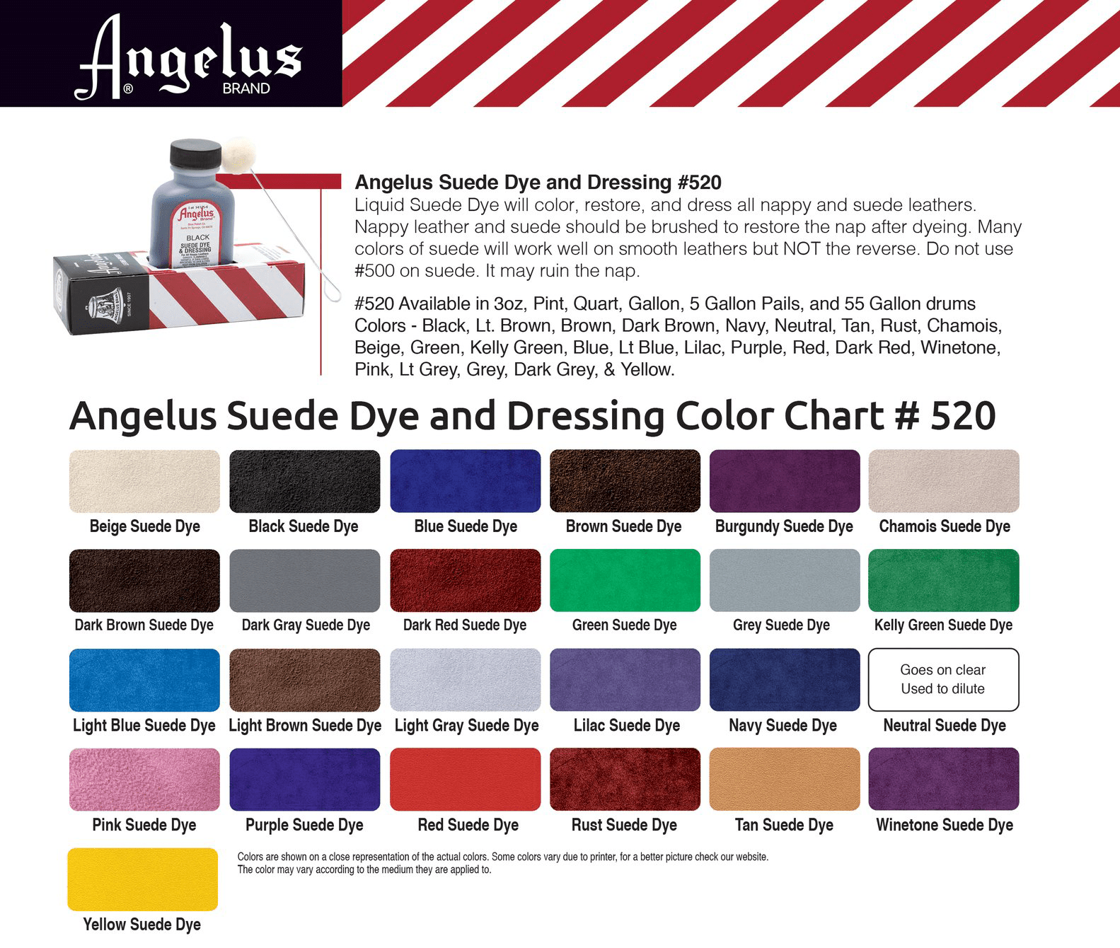 Angelus Suede Dye & Dressing - karta kolorów